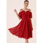 Dámske Spoločenské šaty červenej farby v elegantnom štýle z viskózy metalické v zľave 