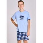 Chlapčenské Detské pyžamá taro modrej farby s károvaným vzorom z bavlny do 13/14 rokov s okrúhlym výstrihom 