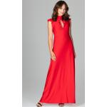 Dámske Dlhé šaty Lenitif červenej farby z polyesteru s hlbokým výstrihom bez rukávov s dĺžkou: Maxi na gombíky s volánmi v zľave 