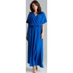 Dámske Dlhé šaty Lenitif modrej farby z viskózy s véčkovým výstrihom s krátkymi rukávmi v zľave 