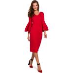Dámske Šaty s dlhým rukávom červenej farby z polyesteru s véčkovým výstrihom s trojštvrťovými rukávmi s dĺžkou: Pod kolená na zips s volánmi v zľave na Svadbu 