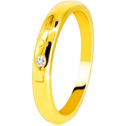 Diamantová obrúčka v žltom 585 zlate - nápis LOVE s briliantom, hladký povrch, 1,6 mm - Veľkosť: 51 mm