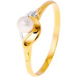 Diamantový prsteň zo 14K zlata, dvojfarebné vlnky, číry briliant a biela perla - Veľkosť: 60 mm