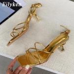 Dámske Nízke sandále zlatej farby v elegantnom štýle šnurovacie metalické na leto 