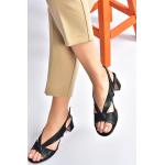 Dámske Kožené sandále čiernej farby v elegantnom štýle vo veľkosti 35 s výškou opätku 5 cm - 7 cm v zľave na leto 