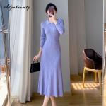Dámske Pletené šaty fialovej farby v elegantnom štýle z bavlny s dĺžkou: Pod kolená 