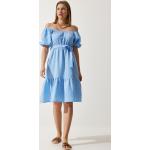 Dámske Letné šaty nebesky modrej farby z bavlny vo veľkosti M s dĺžkou: Pod kolená v zľave 