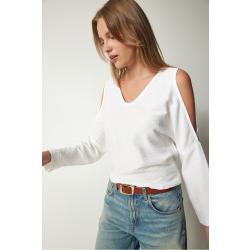 Happiness İstanbul Women's White Off-the-Shoulder, Decollete Flowy Curtain Wrap Blouse