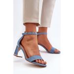 Dámske Sandále na podpätku kesi modrej farby v elegantnom štýle z tkaniny hrubý opätok vo veľkosti 37 s prackou v zľave na leto 