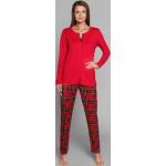 Dámske Pyžamové nohavice italian fashion červenej farby s károvaným vzorom z bavlny s okrúhlym výstrihom s dlhými rukávmi s cvokmi 