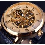 Pánske Náramkové hodinky zlatej farby automaticky naťahovateľné s koža remienkom 