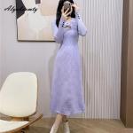 Dámske Pletené šaty fialovej farby v elegantnom štýle z bavlny s dĺžkou: Po kolená 