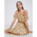Dámske Dlhé šaty koton horčicovej farby v elegantnom štýle s kvetinovým vzorom vo veľkosti L s dĺžkou: Maxi v zľave 