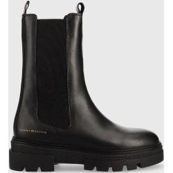 Kožené topánky Tommy Hilfiger Monochromatic Chelsea Boot dámske, čierna farba, na plochom podpätku