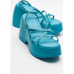 Dámske Sandále na platforme svetlo modrej farby v elegantnom štýle z koženky klinový opätok vo veľkosti 38 Vegan v zľave na leto 