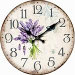 Nástenné hodiny fialovej farby vo vintage štýle so zábavným motívom z dreva s motívom Lavender v zľave 