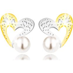 Náušnice z kombinovaného zlata 375 - dvojfarebná kontúra srdca, zirkóny a biela perla