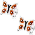 Strieborné náušnice 925, lesklý motýlik - oranžové krídla, čierne a biele bodky