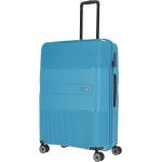 Malé cestovné kufre Travelite tyrkysovej farby v modernom štýle na zips integrovaný zámok udržateľná móda 