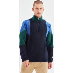 Trendyol Navy Blue Men's Regular/Regular Cut, Zippered Standing Collar Color Block Fleece Warm Sweatshirt.