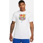 Pánske Tričká s krátkym rukávom Nike bielej farby z bavlny s okrúhlym výstrihom s krátkymi rukávmi s motívom FC Barcelona 