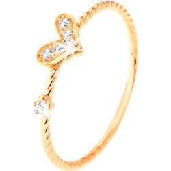 Zlatý prsteň 585, špirálovito zatočené ramená, trblietavé srdiečko, zirkón - Veľkosť: 49 mm